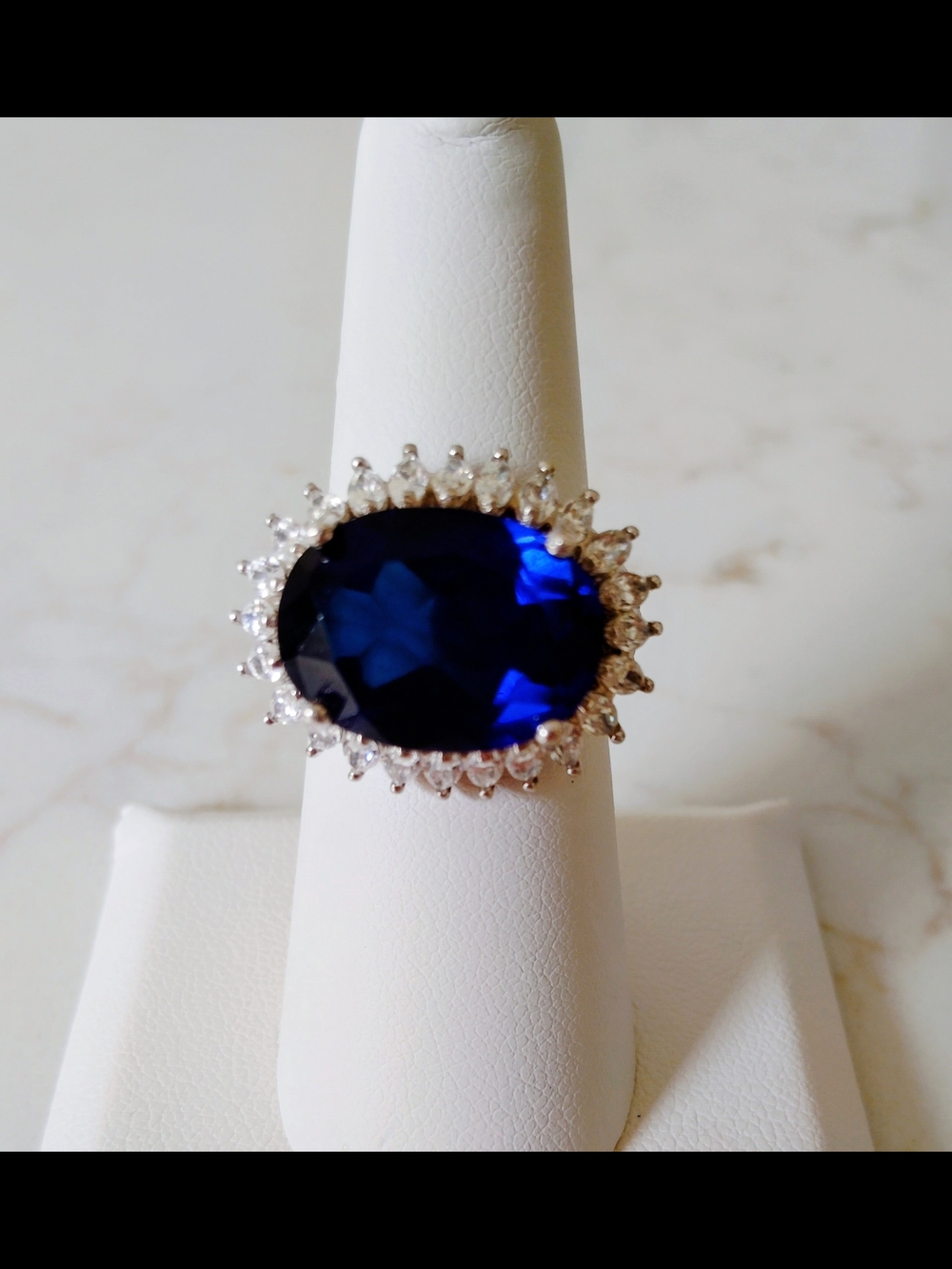 Lab Grown Blue Sapphire Oval Halo Ring East-West Princess Diana Sz 7 Sterling - Picture 3 of 4